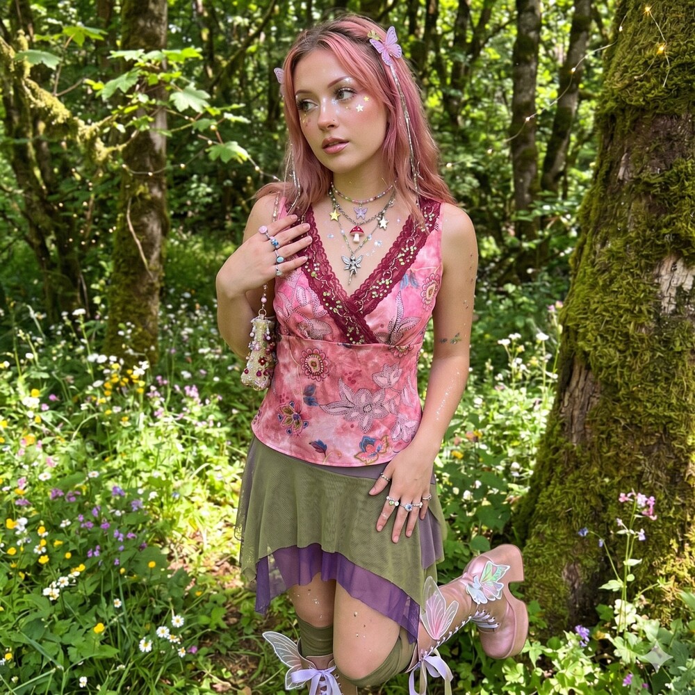 Y2K Floral Baby Doll Tank Top L Pink Beaded Fairy Fairycore Whimsy Silky Satin
